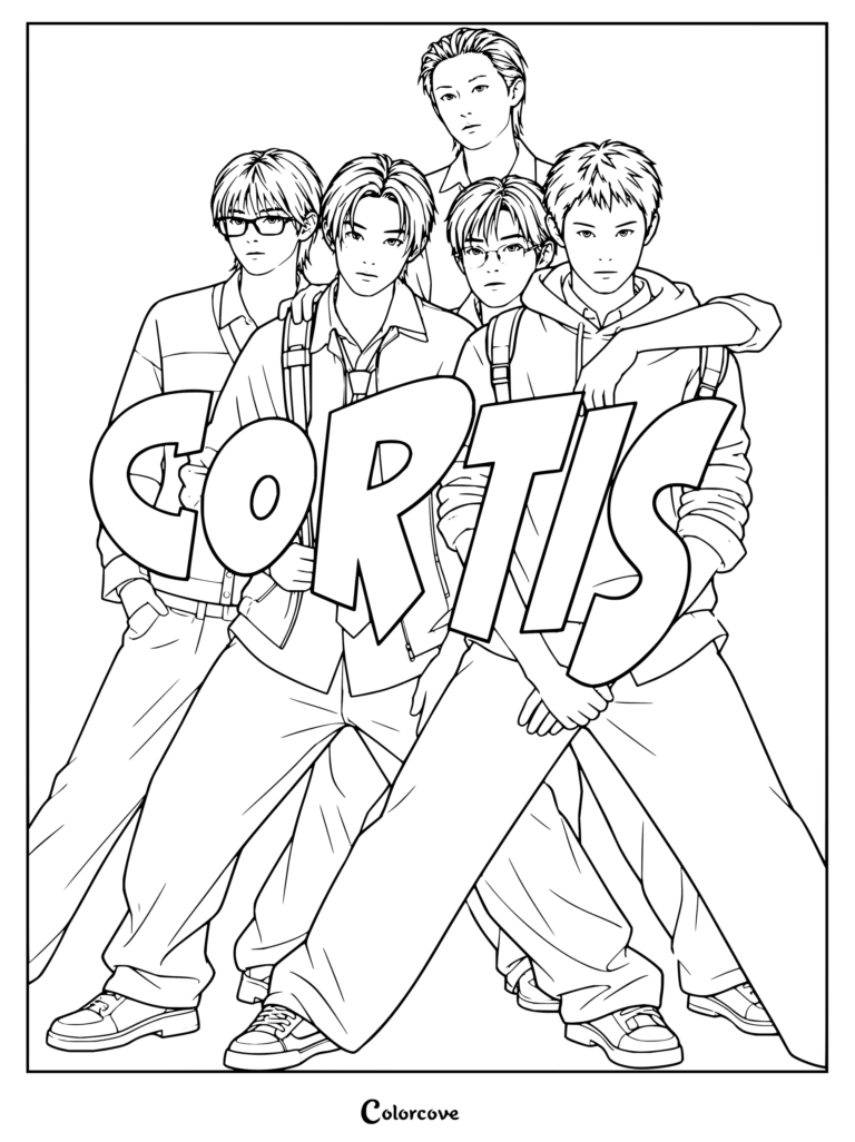Dibujo para colorear imprimible de CORTIS con los cinco miembros Martin, James, Juhoon, Seonghyeon y Keonho posando juntos con un llamativo texto estilo grafiti.