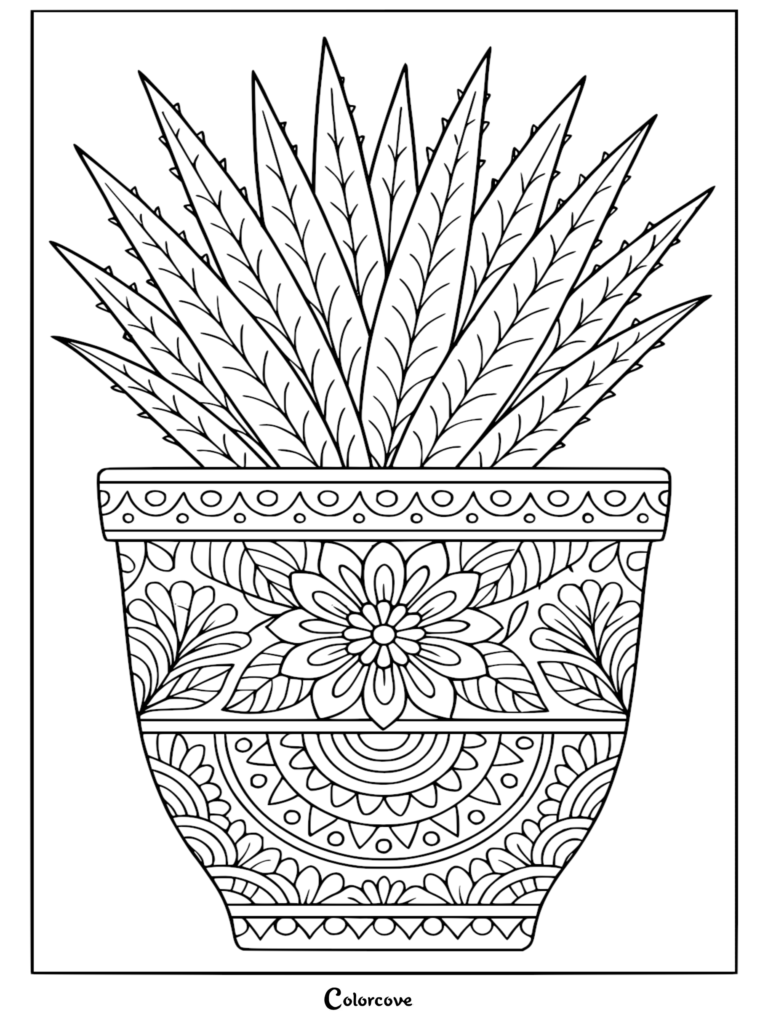 Intricate line art of a spiky succulent in an ornate decorative pot, perfect as a detailed coloring page for adults.