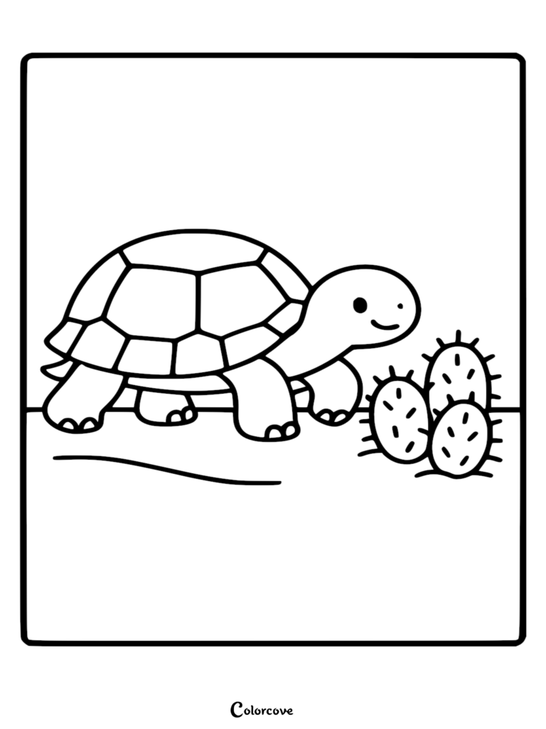 A friendly turtle walking toward a small, spiky cactus in this simple black and white line art coloring page.
