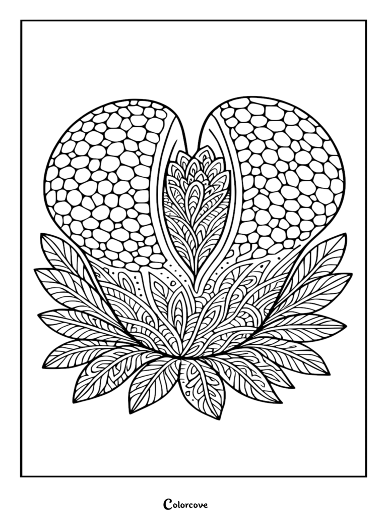 Detailed zentangle cactus coloring page featuring a split prickly pear cactus shape with intricate paisley and leaf patterns at the base.
