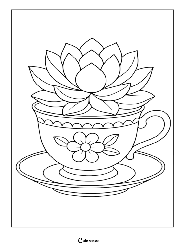A printable coloring page featuring a layered echeveria succulent plant nestled inside an ornate teacup with a floral design on a saucer.