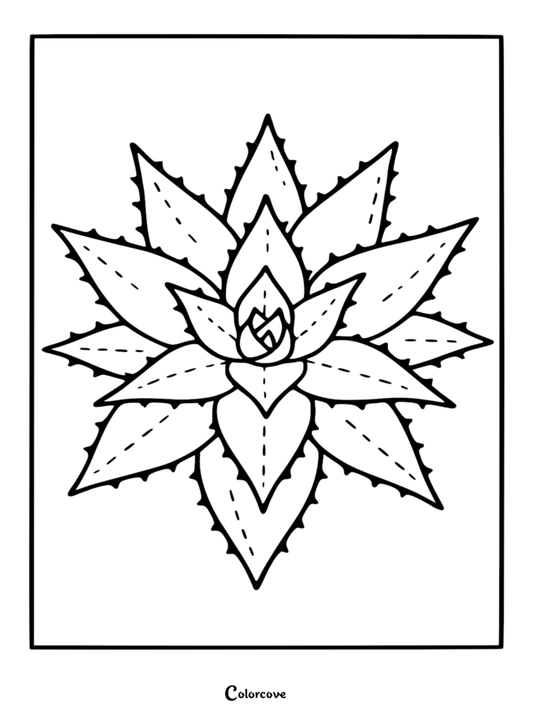 Top-down view of a symmetrical aloe vera plant with jagged, spiky leaves on this printable coloring page.