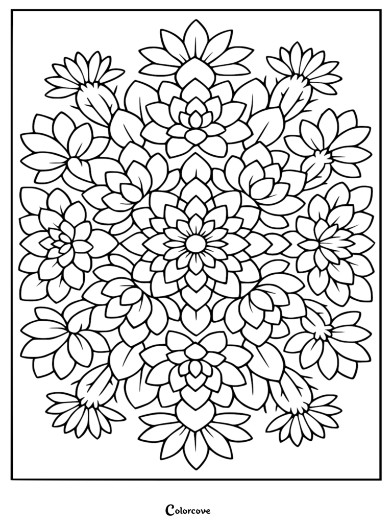 A symmetrical cactus-themed mandala coloring page featuring layered succulent leaves and blooming flowers in a circular radial design.