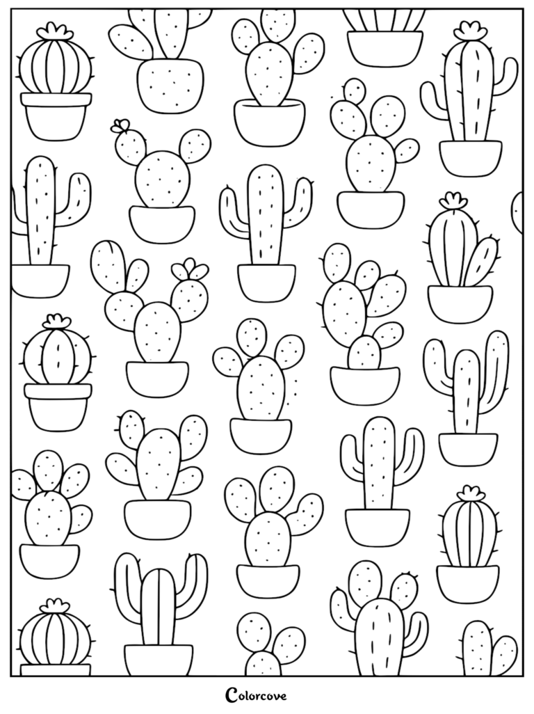 A printable cactus coloring page featuring a repeating pattern of various succulent cacti in simple pots.