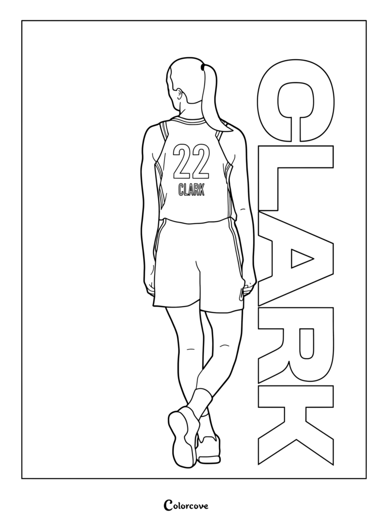 Coloriage de Caitlin Clark la montrant de dos portant le maillot numéro 22 à côté d'une grande typographie.