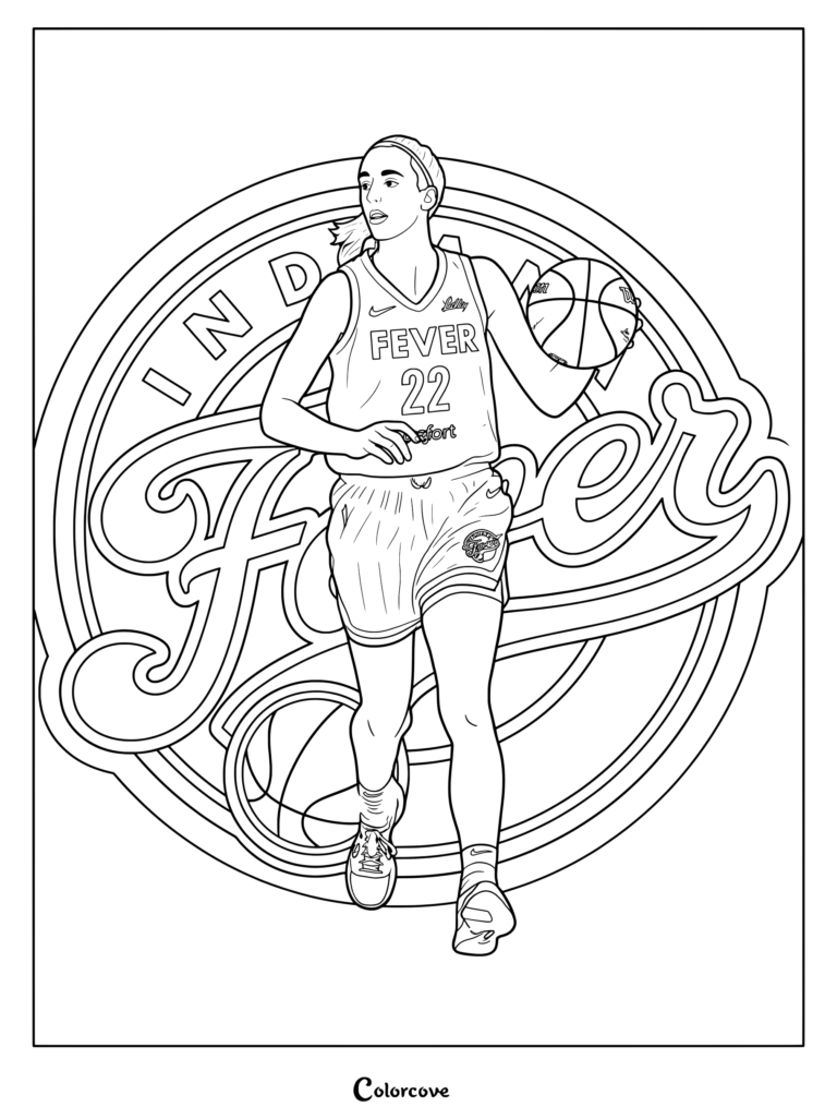Coloriage à imprimer mettant en scène la joueuse de basket professionnelle Caitlin Clark en tenue des Indiana Fever avec le logo de l'équipe en arrière-plan
