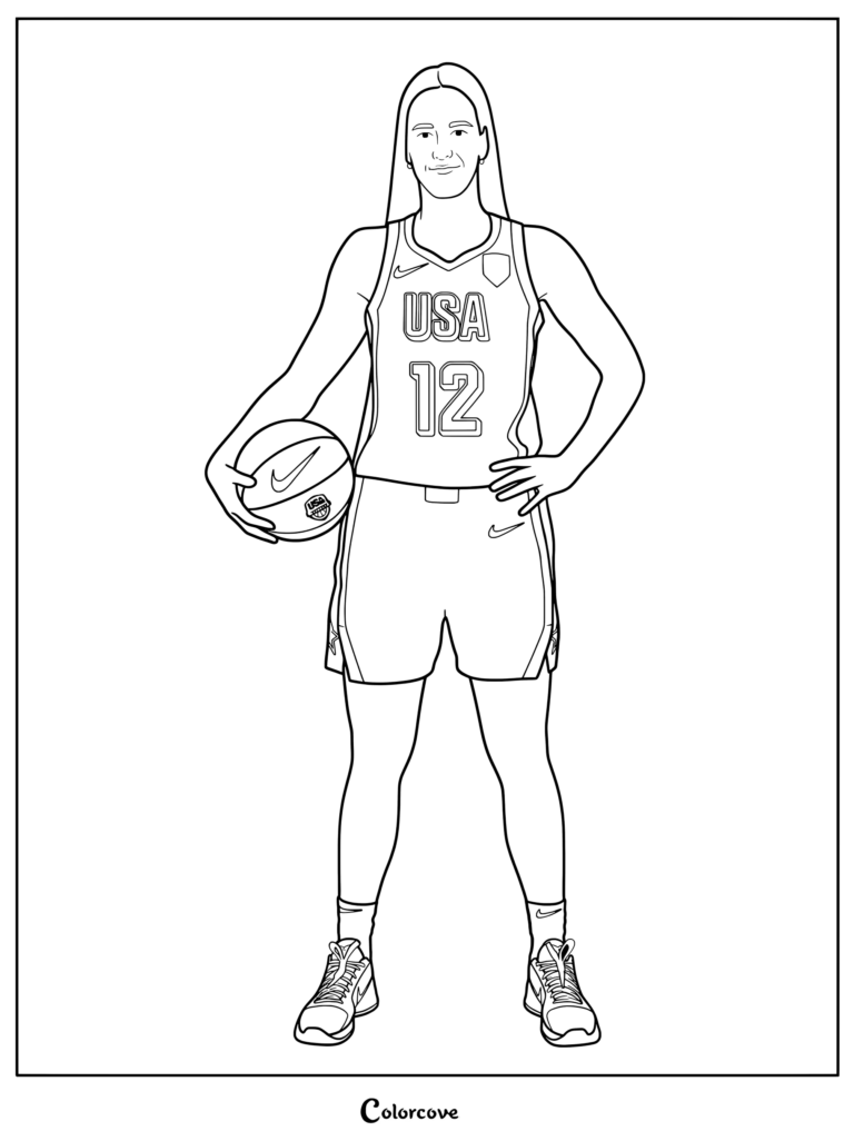 Coloriage de Caitlin Clark portant le maillot numéro 12 de l'Équipe des États-Unis féminine de basket-ball.