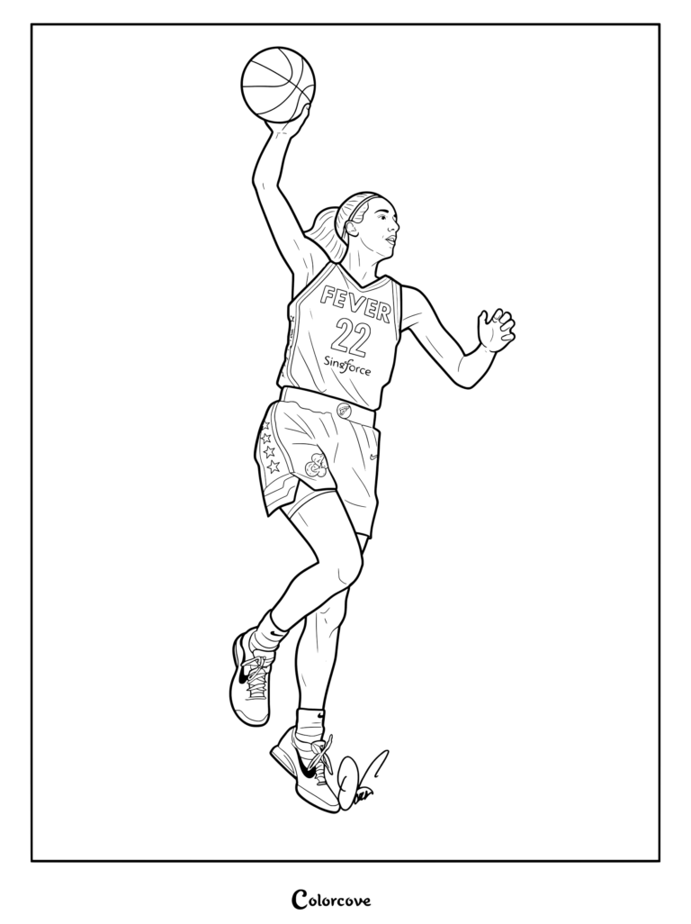 Un coloriage sous forme d'esquisse artistique de Caitlin Clark, la meneuse vedette des Indiana Fever en WNBA.