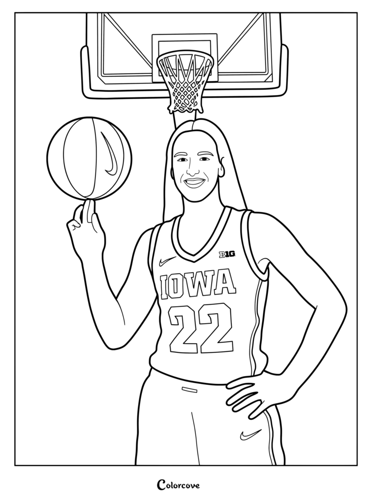 Coloriage à imprimer de Caitlin Clark posant dans sa tenue universitaire des Iowa Hawkeyes avec un ballon de basket.