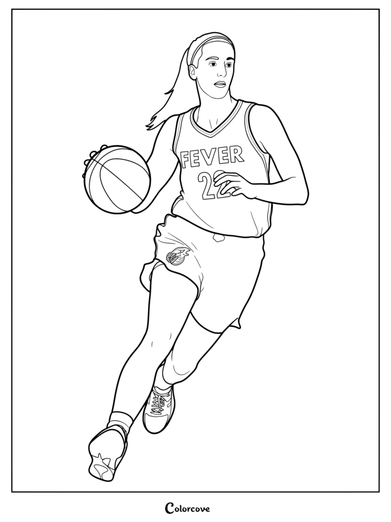 Coloriage de Caitlin Clark montrant la star du basket en train de dribbler avec son maillot.