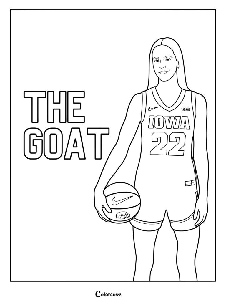 Coloriage de Caitlin Clark portant le maillot numéro 22 des Iowa Hawkeyes et tenant un ballon de basket à côté d'un texte disant THE GOAT.