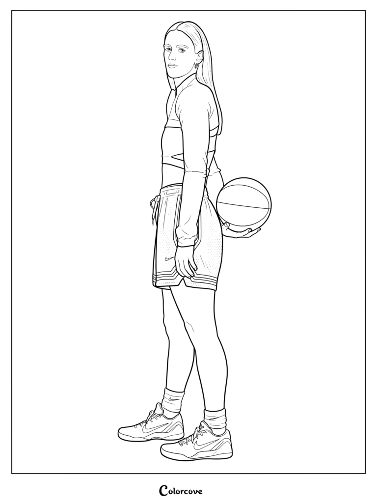 Coloriage à imprimer de Caitlin Clark montrant l'athlète tenant un ballon de basket dans son dos.
