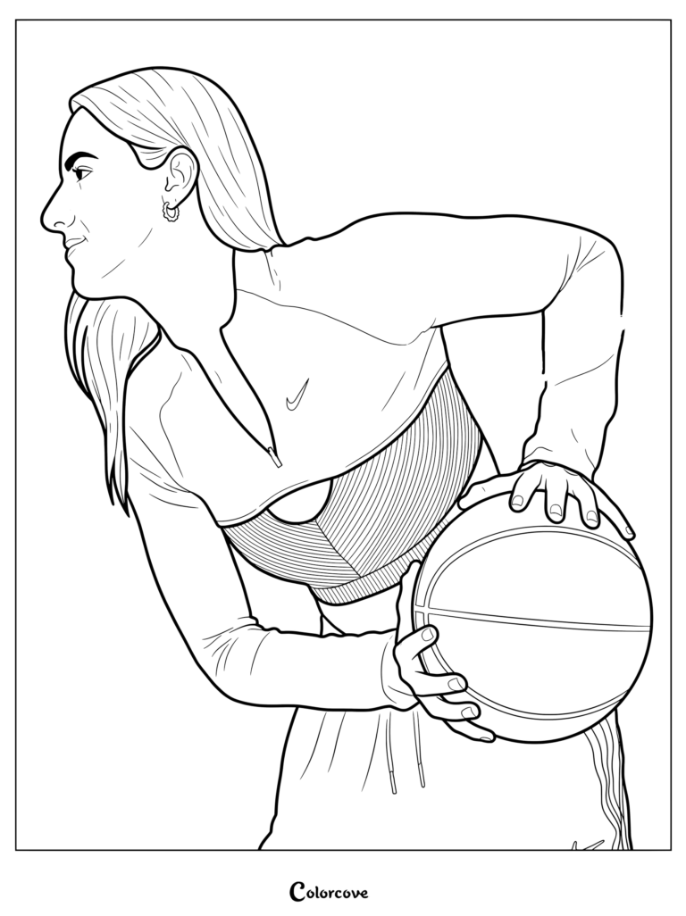 Coloriage de Caitlin Clark tenant un ballon de basket dans une tenue de sport élégante.