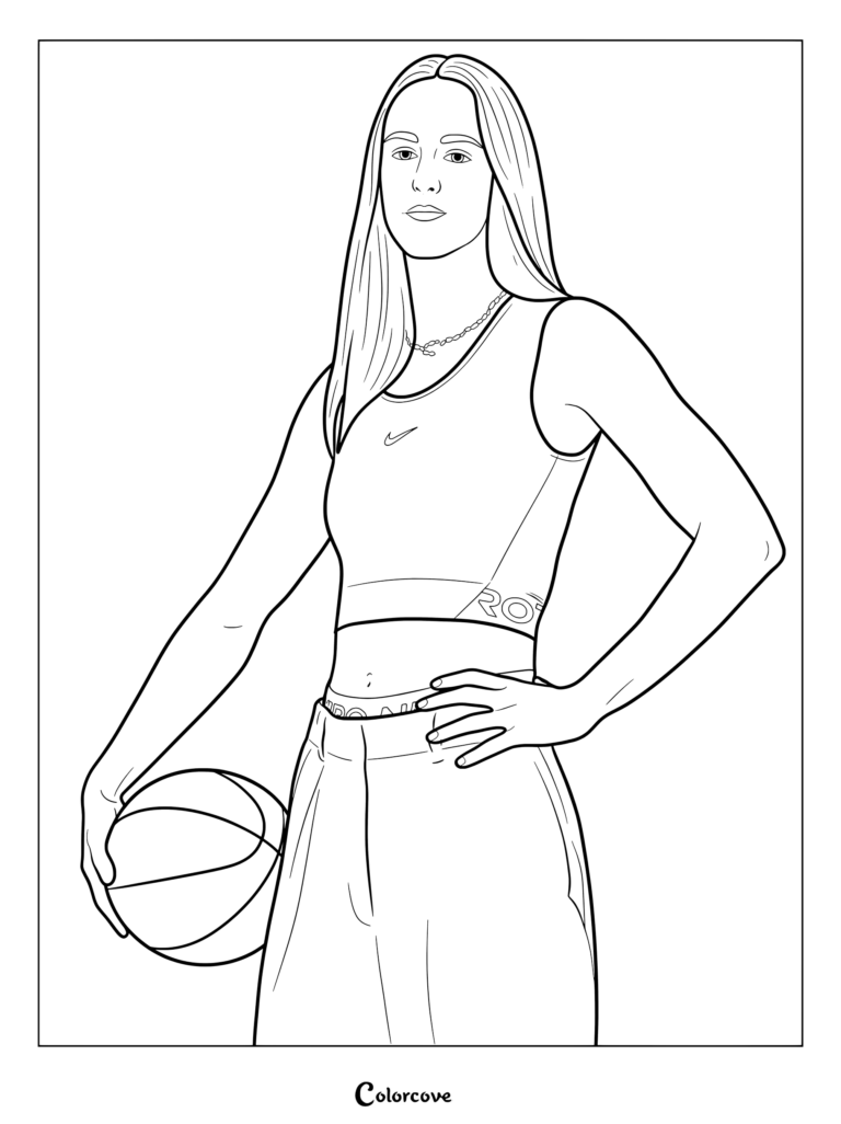 Coloriage de Caitlin Clark tenant un ballon de basket.