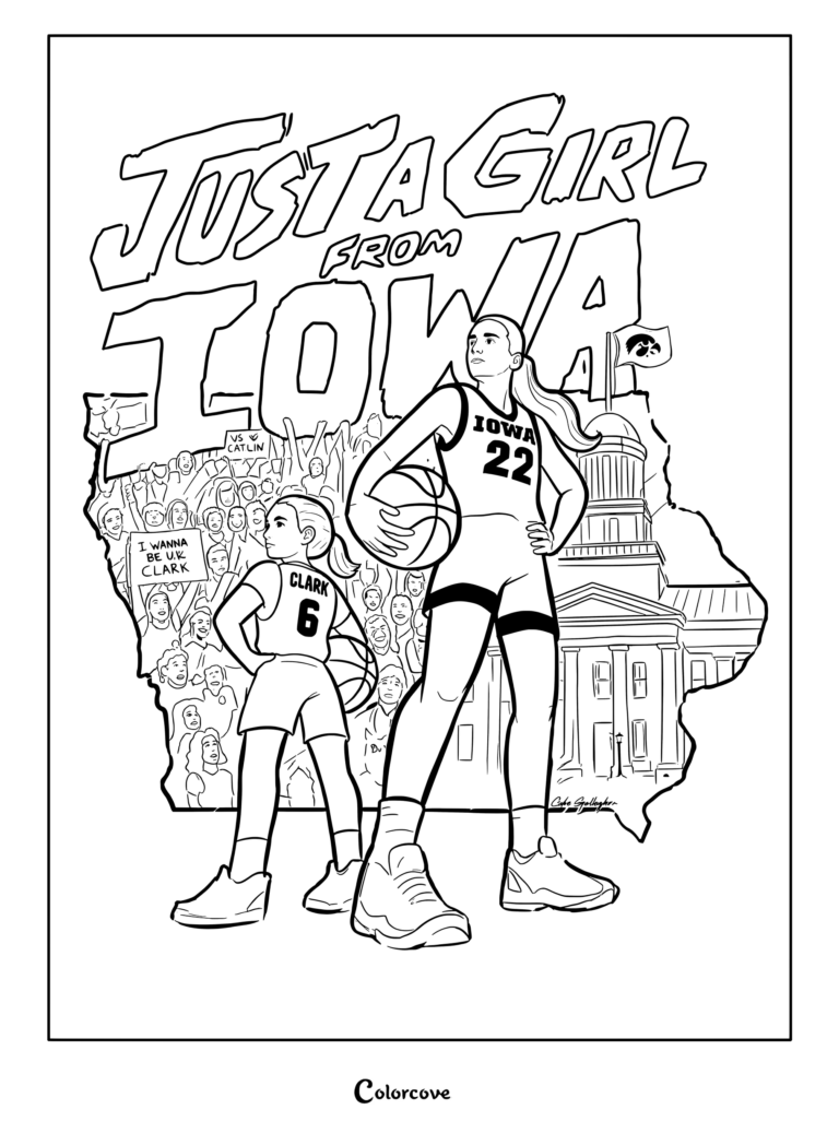 Coloriage à imprimer de Caitlin Clark en joueuse des Iowa Hawkeyes avec une jeune fille portant le maillot numéro 6 sur fond de silhouette de l'Iowa.