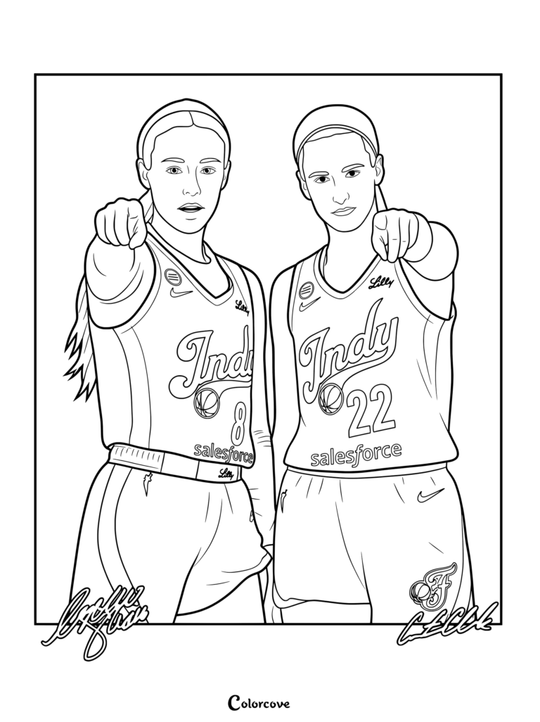 Coloriage à imprimer mettant en scène les joueuses de la WNBA Sophie Cunningham et Caitlin Clark portant les maillots rouges des Indiana Fever.