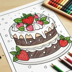 Coloring page of a cake topped with strawberries and cream, surrounded by colored pencils on a wooden surface.