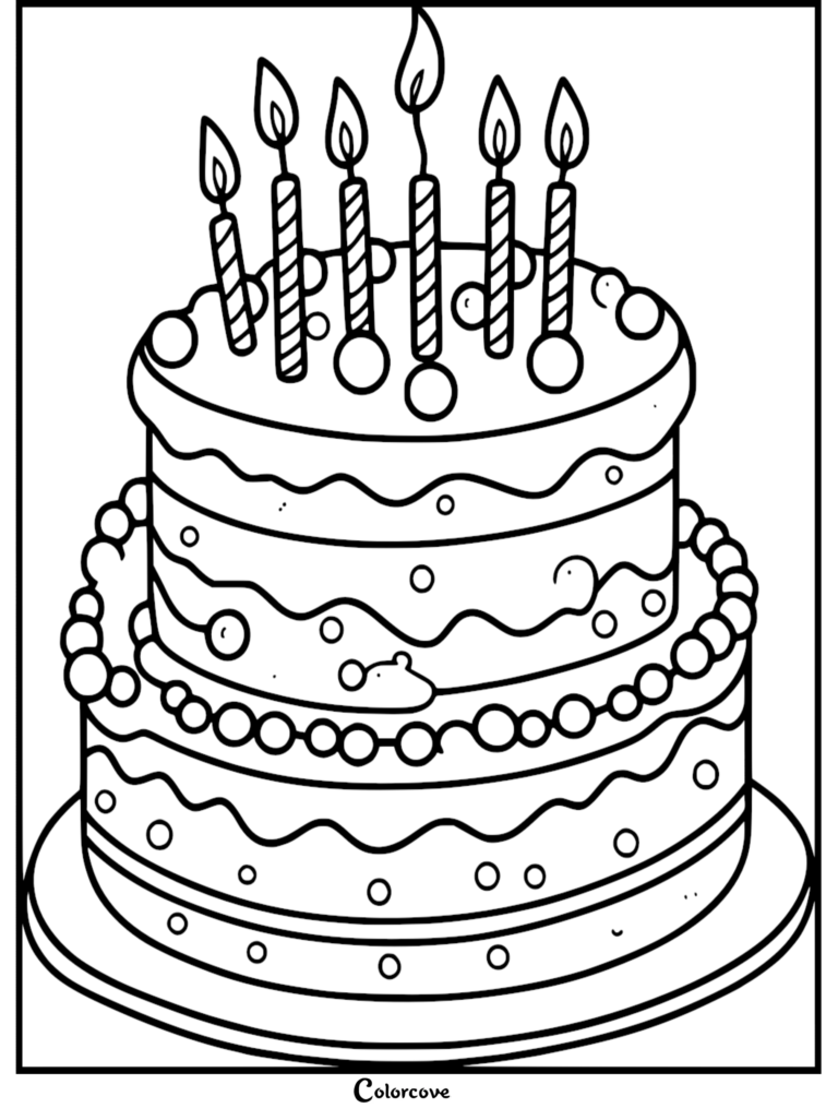 A two-tiered birthday cake with six lit candles and decorative icing dots on a coloring page.