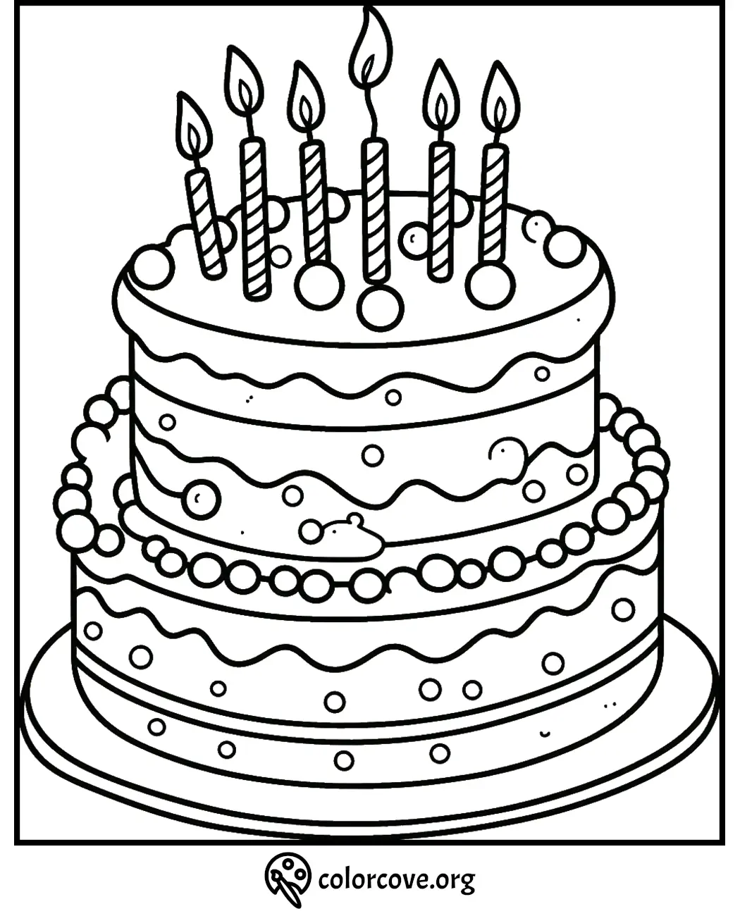 Coloring page of a birthday cake with candles and decorations, ready to be colored, from colorcove.org.