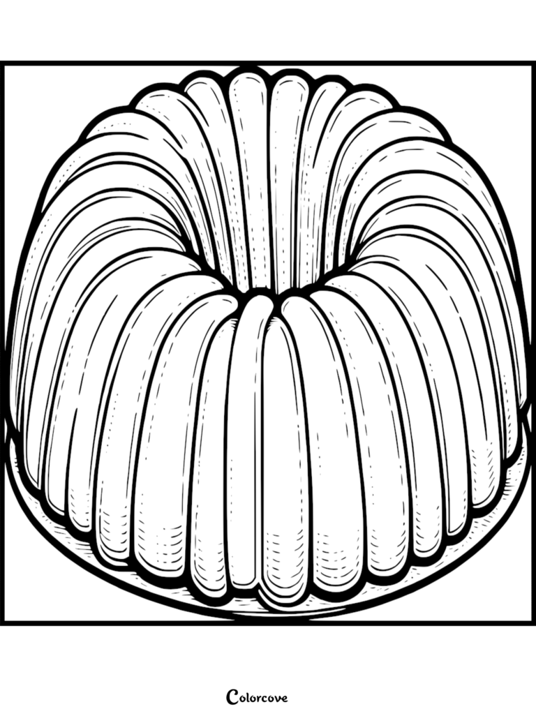 A detailed line art coloring page of a classic fluted Bundt cake with deep ridges.