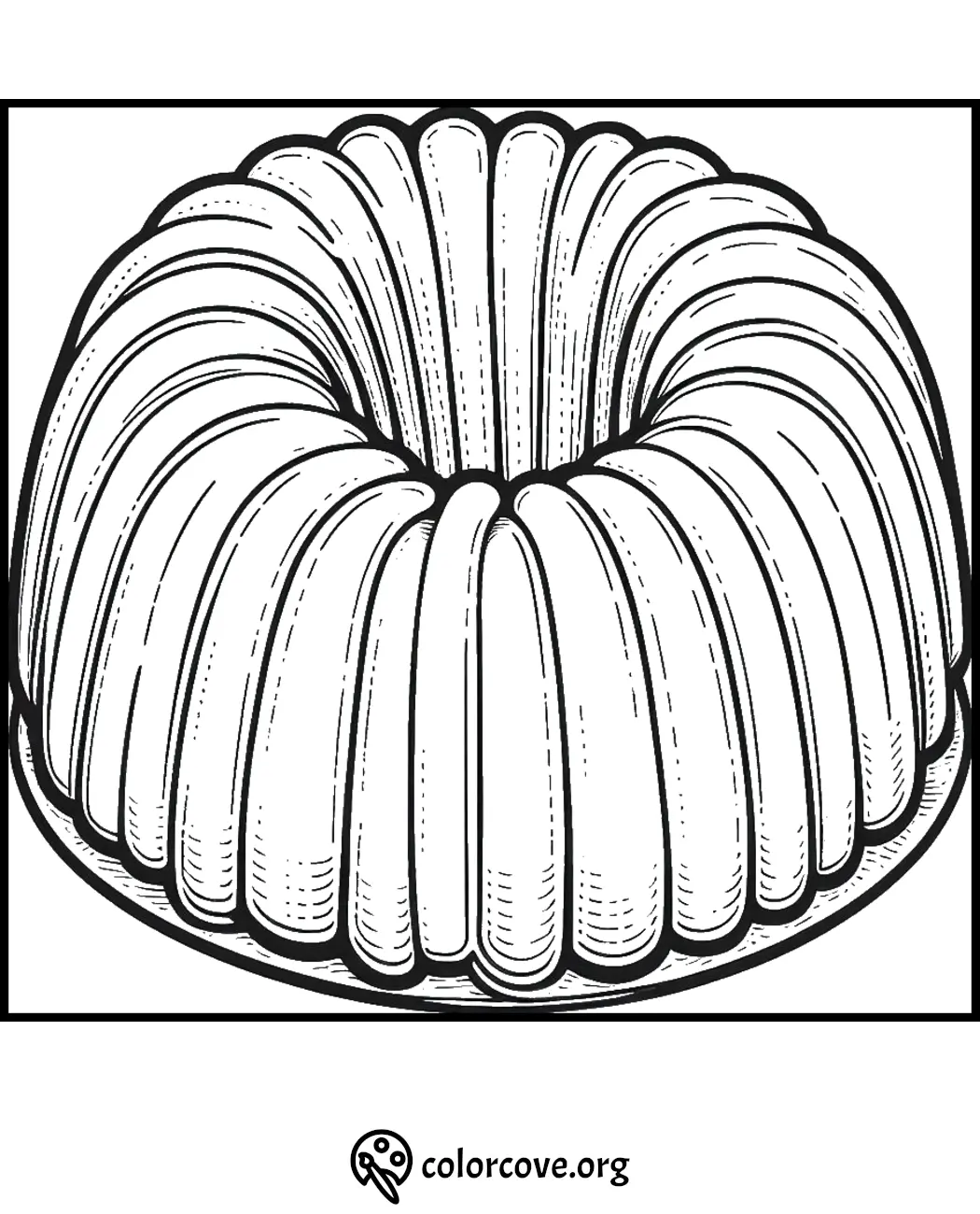 Bundt cake coloring page with intricate details for kids and adults at colorcove.org. Free printable activity sheet.