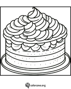 Cake coloring page with thick frosting swirls on top and detailed layers, free to print and color at colorcove.org.