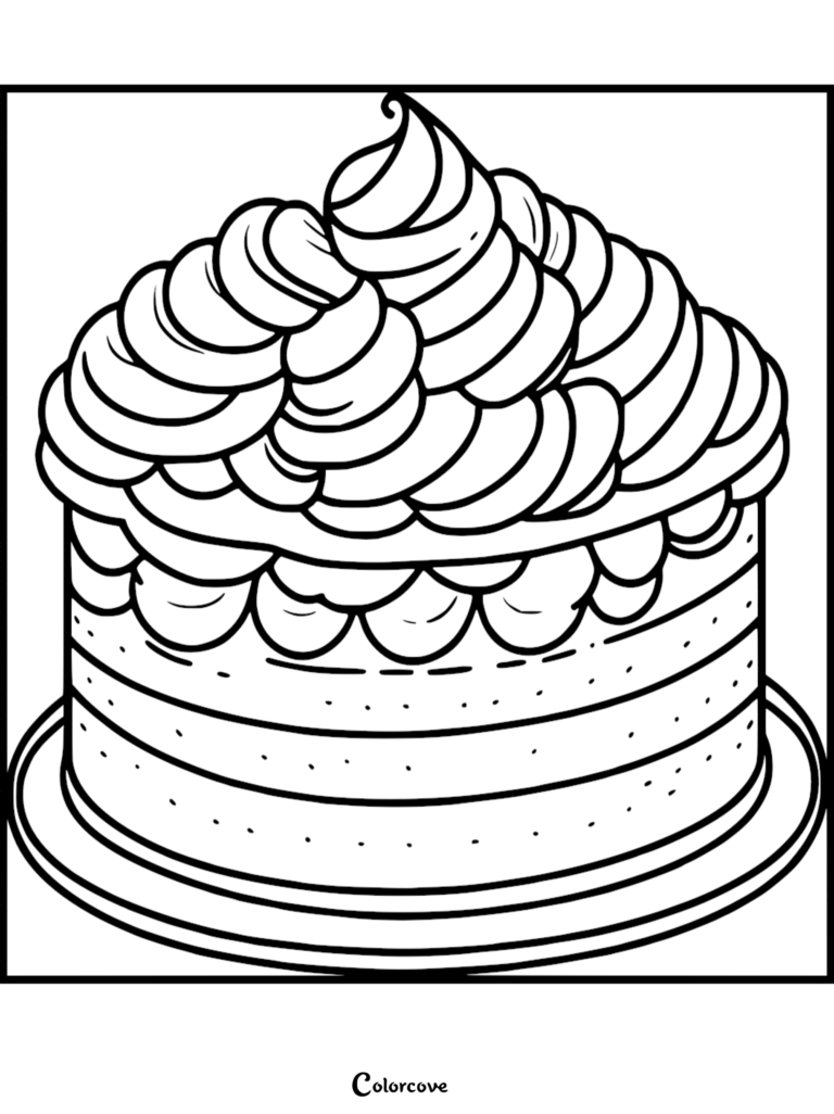 A detailed cake coloring page featuring a multi-layered cake with thick, swirled frosting on top.