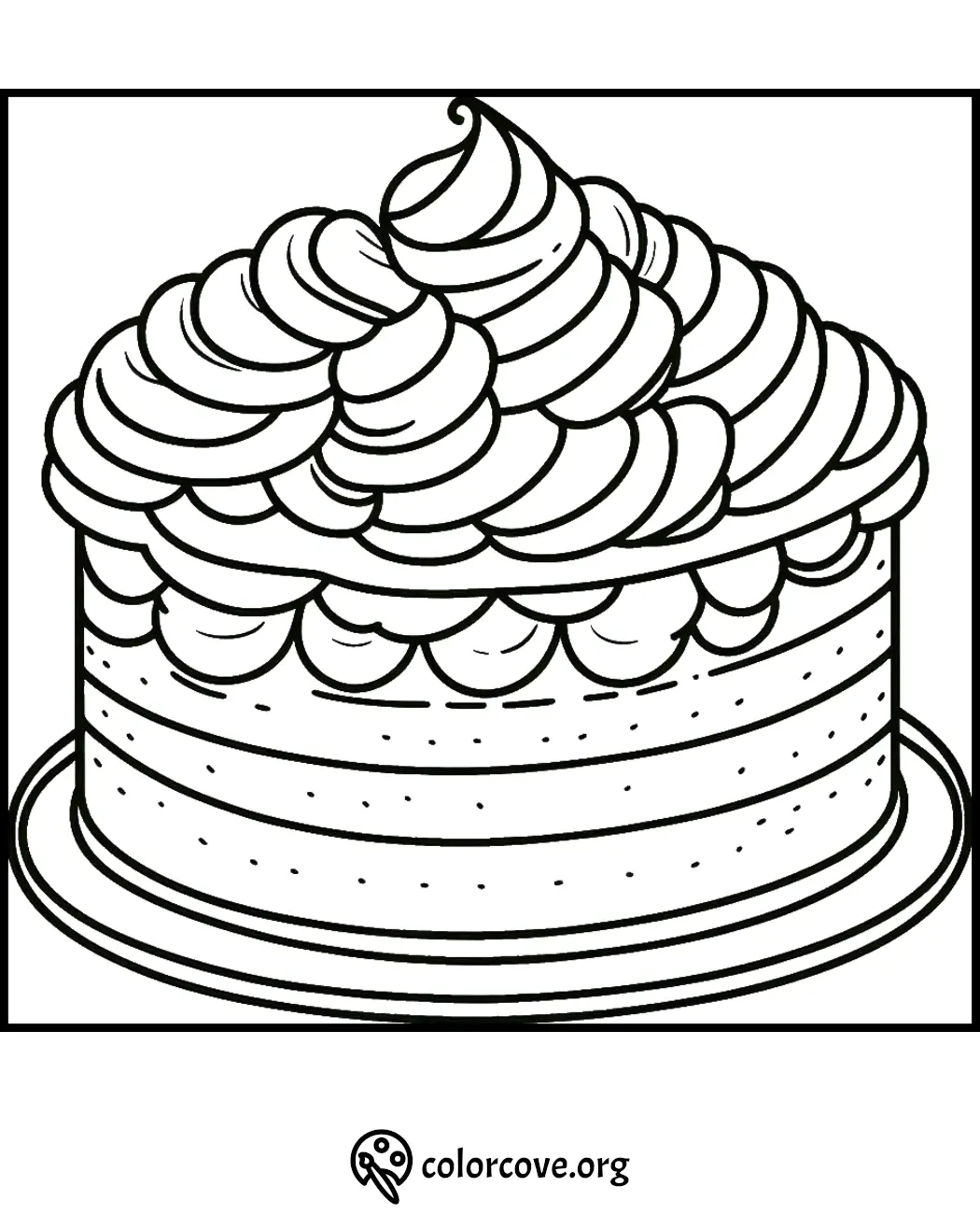 Cake coloring page with thick frosting swirls on top and detailed layers, free to print and color at colorcove.org.