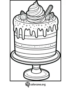 Coloring page of a decorated cake with icing, strawberries, and whipped cream on a cake stand for kids and adults to color.