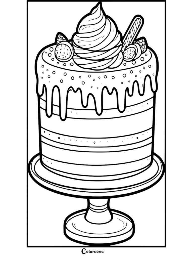 A detailed cake coloring page featuring a tiered cake with dripping icing, a large frosting swirl, and fruit toppings on a cake stand.