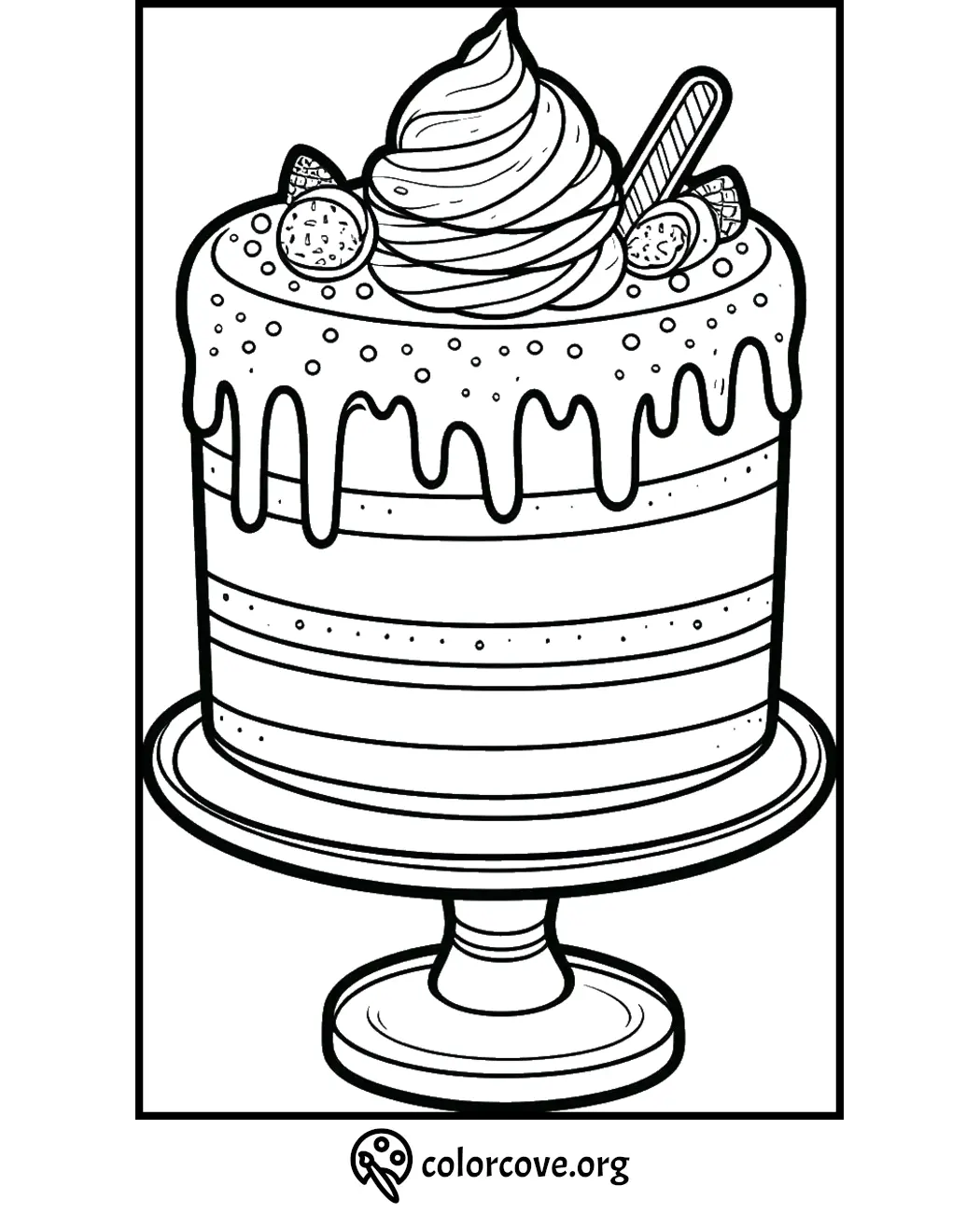 Coloring page of a decorated cake with icing, strawberries, and whipped cream on a cake stand for kids and adults to color.