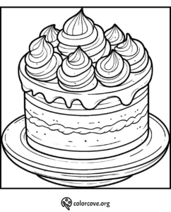 Coloring page featuring a delicious layered cake with whipped cream swirls on top and a plate underneath.