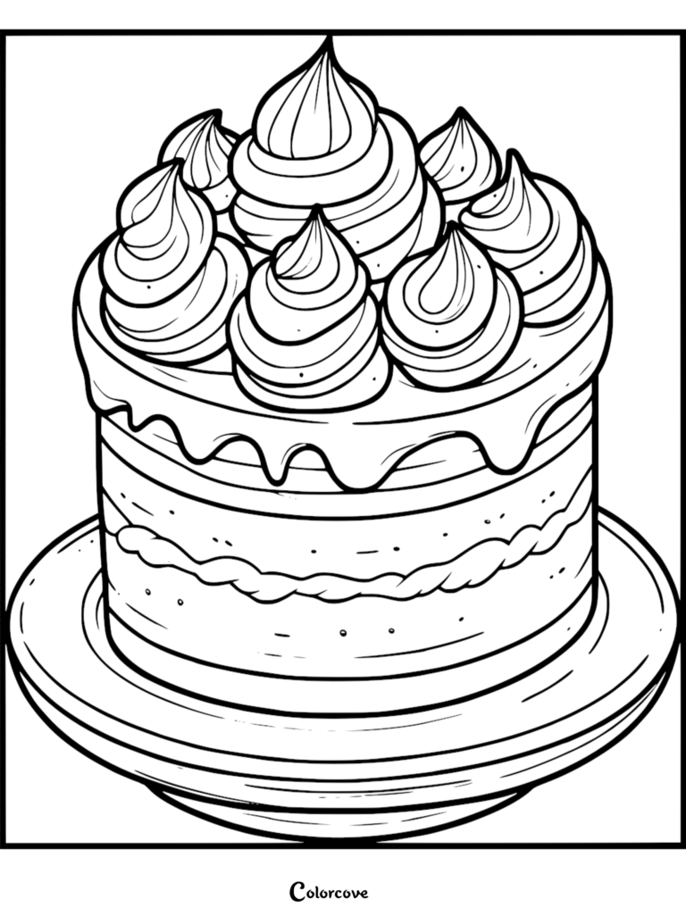 A detailed cake coloring page featuring a layered cake topped with seven swirls of frosting on a plate.