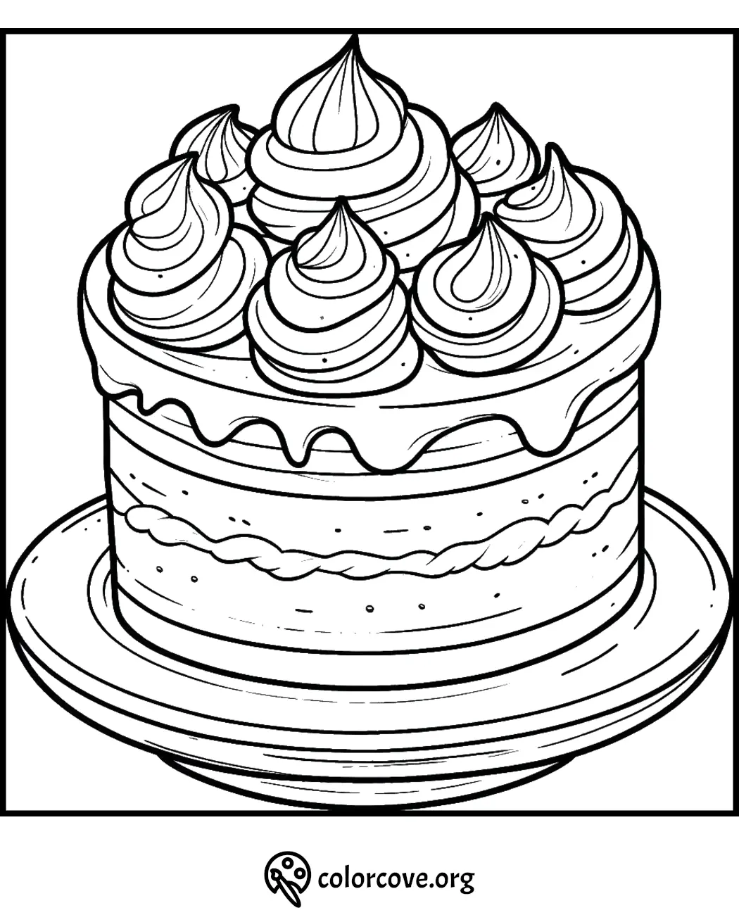 Coloring page featuring a delicious layered cake with whipped cream swirls on top and a plate underneath.