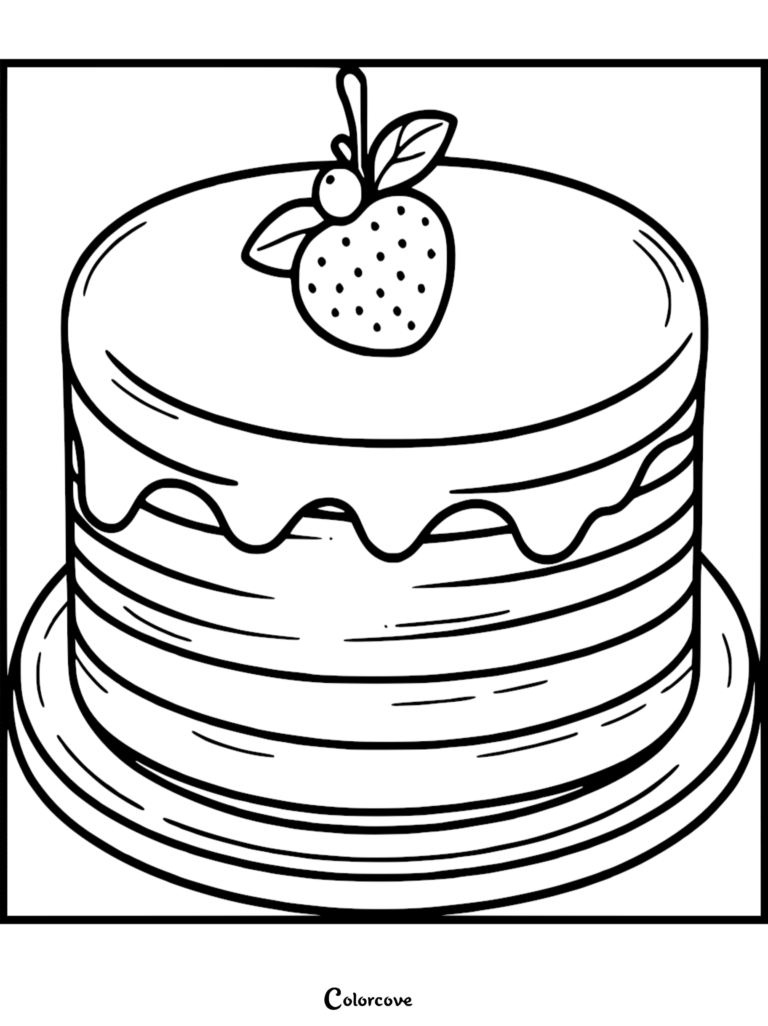 A simple line art coloring page of a round cake topped with a single strawberry and leaves on a plate.