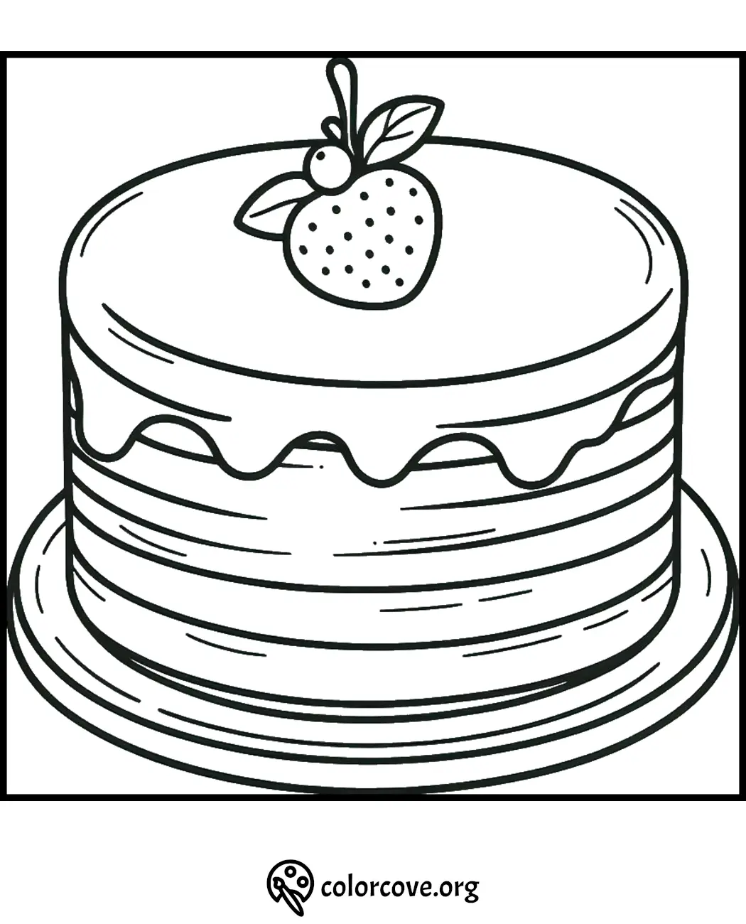 Printable cake coloring page with icing and a strawberry on top from colorcove.org. Perfect for kids and coloring enthusiasts.