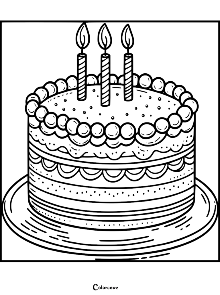 A round birthday cake with three lit candles and decorative frosting borders on a plate as a printable coloring page.