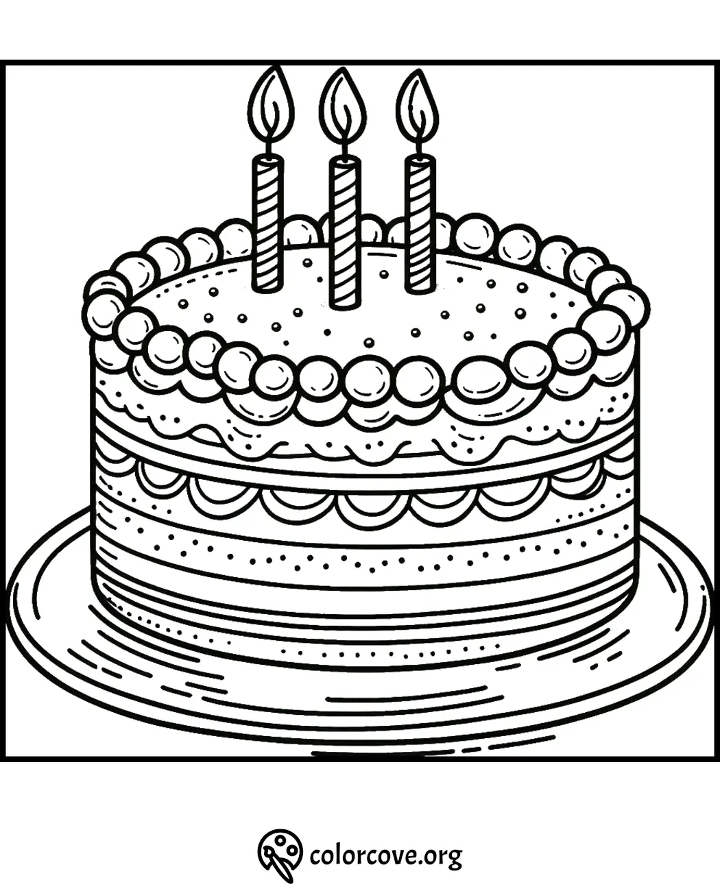 Coloring page of a three-tiered birthday cake with three lit candles, perfect for kids to color and celebrate birthdays.