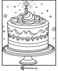 Coloring page of a cake with a single candle on top, decorated with swirls and stars. Perfect for birthday celebrations.