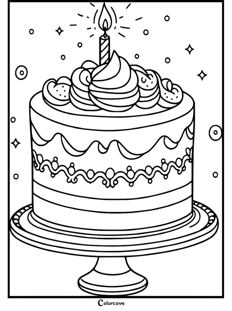 A festive birthday cake coloring page featuring a single lit candle, decorative frosting swirls, and a detailed border pattern on a cake stand.