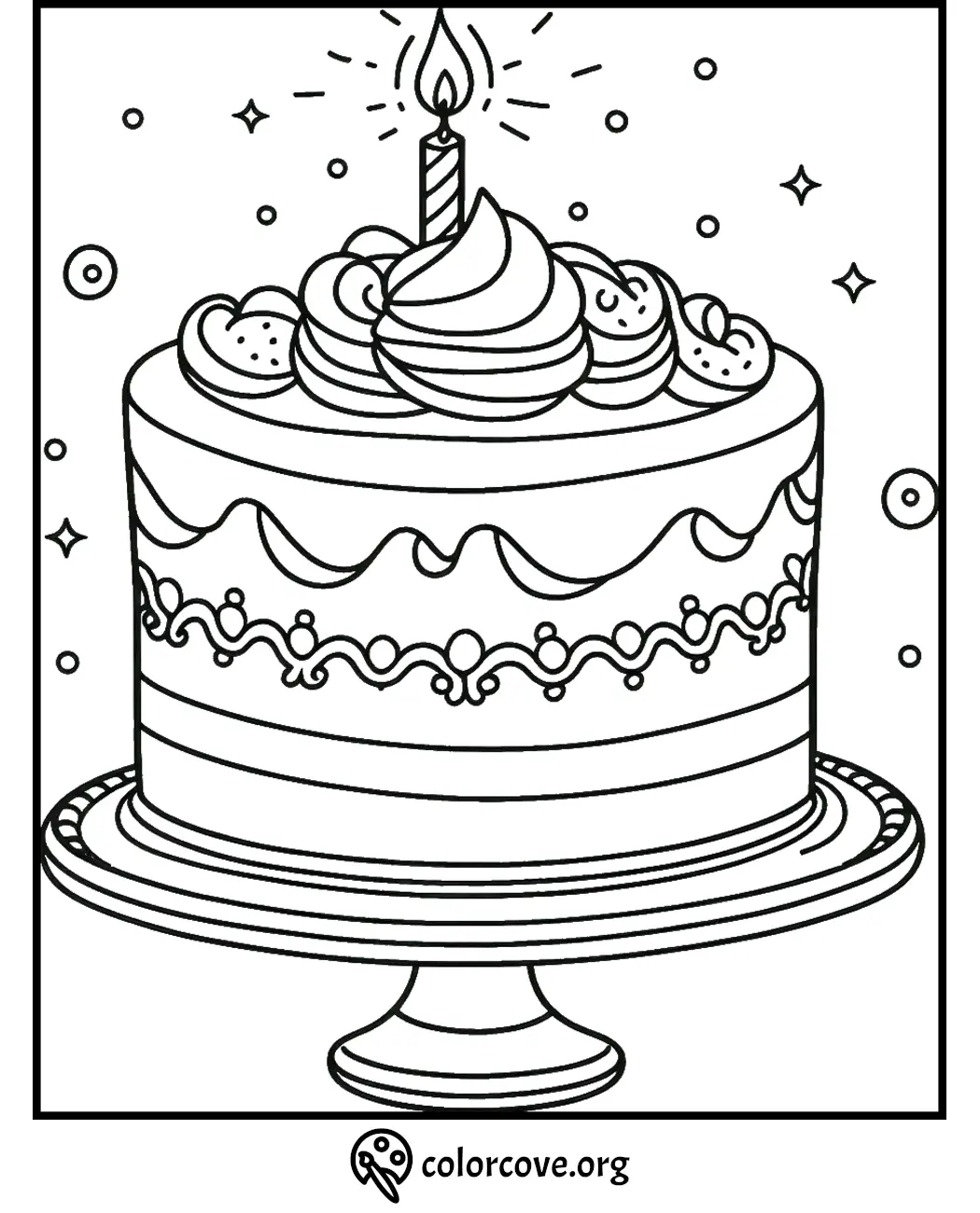 Coloring page of a cake with a single candle on top, decorated with swirls and stars. Perfect for birthday celebrations.