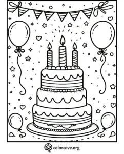 A three-tiered birthday cake with candles, surrounded by balloons, stars, and festive decorations on a coloring page.