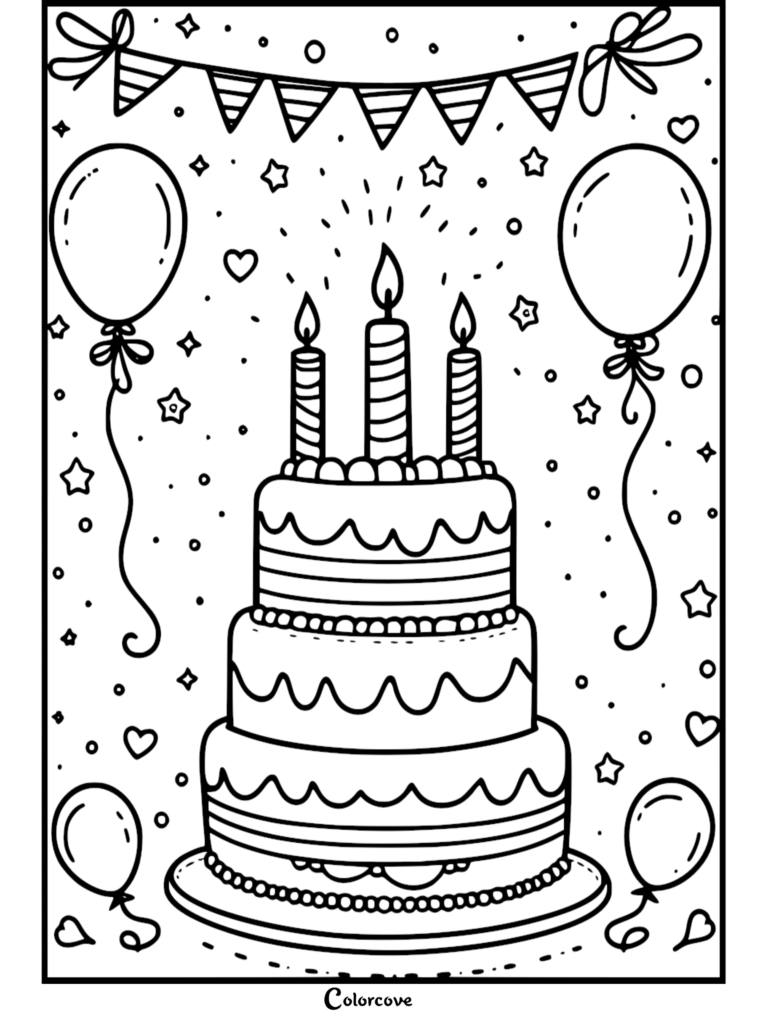 Three-tiered birthday cake with three lit candles, balloons, and party bunting in a printable coloring page.