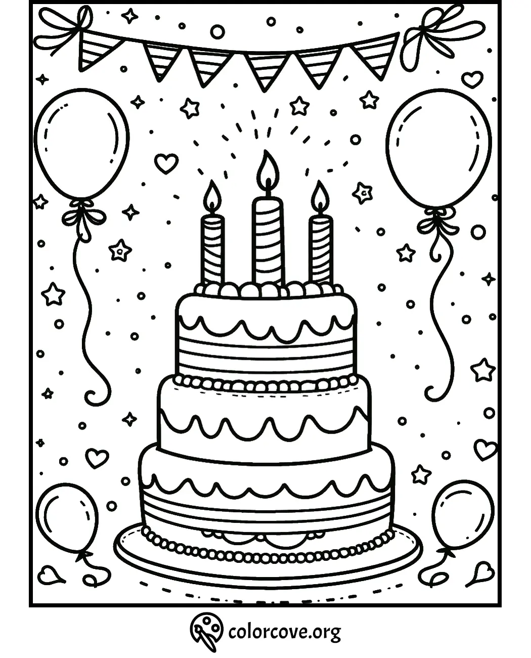 A three-tiered birthday cake with candles, surrounded by balloons, stars, and festive decorations on a coloring page.