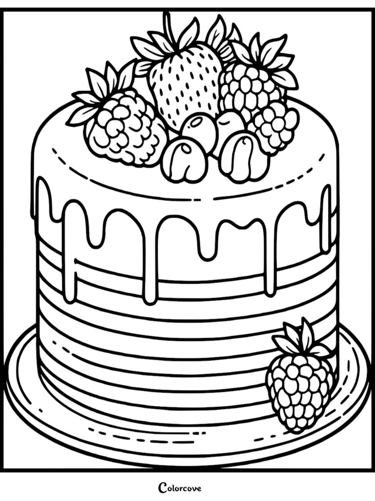 A detailed cake coloring page featuring a tiered cake topped with fresh strawberries, raspberries, and blueberries with icing dripping down the sides.