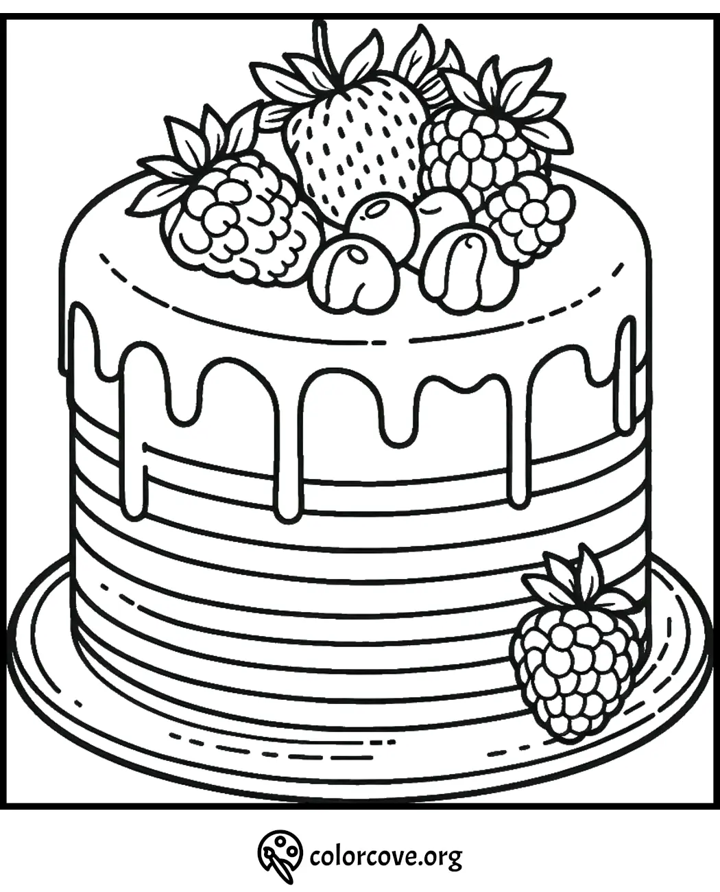 Birthday cake coloring page with fruit toppings, including strawberries and raspberries. Printable for kids' coloring fun.