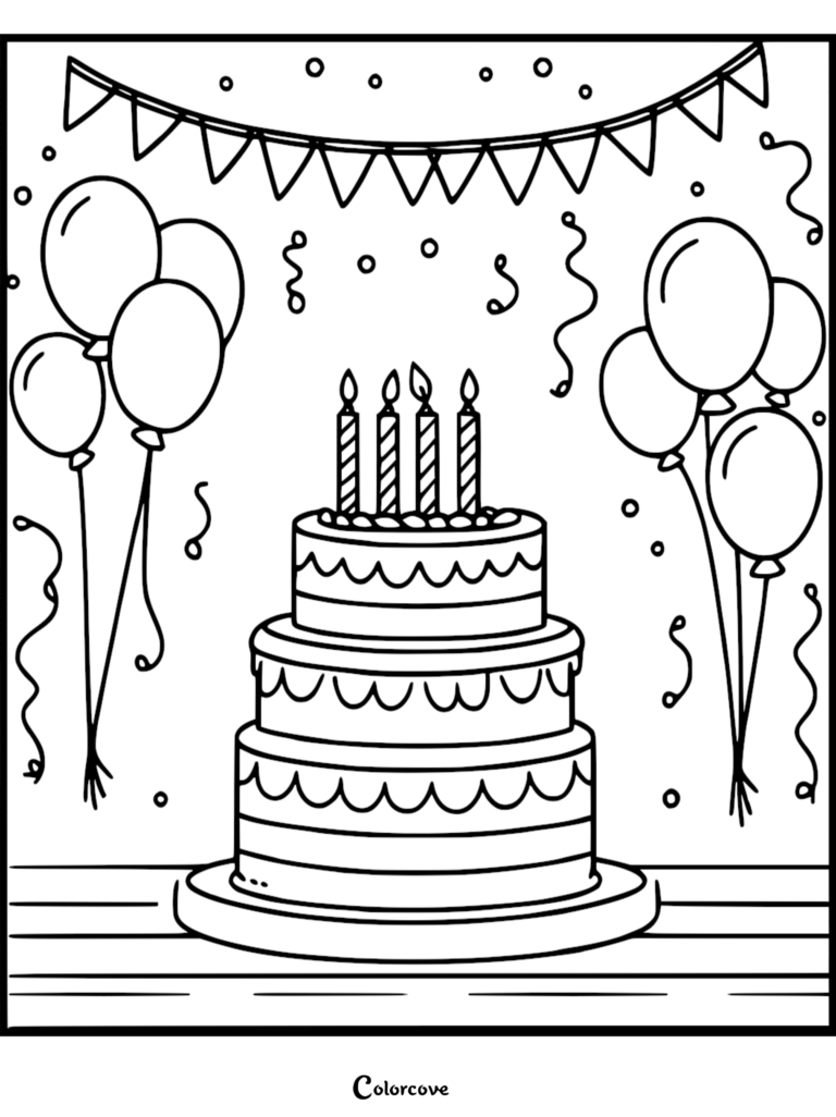 A three-tiered birthday cake with four candles surrounded by balloons and bunting in this printable coloring page.