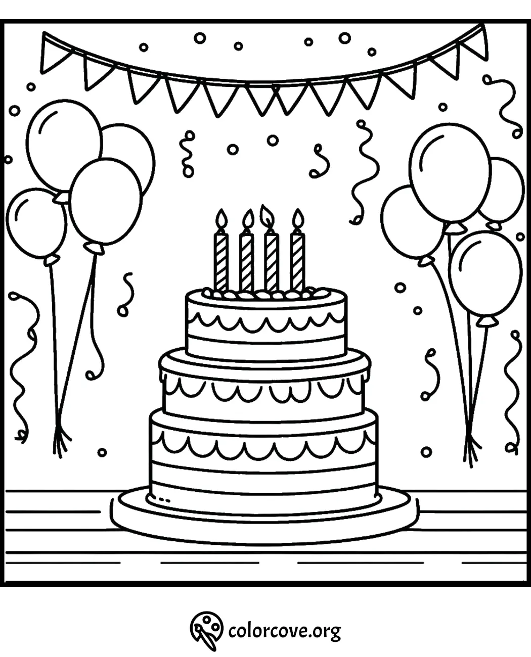 Coloring page featuring a three-tiered birthday cake with balloons and party decorations. Ideal for children to color.