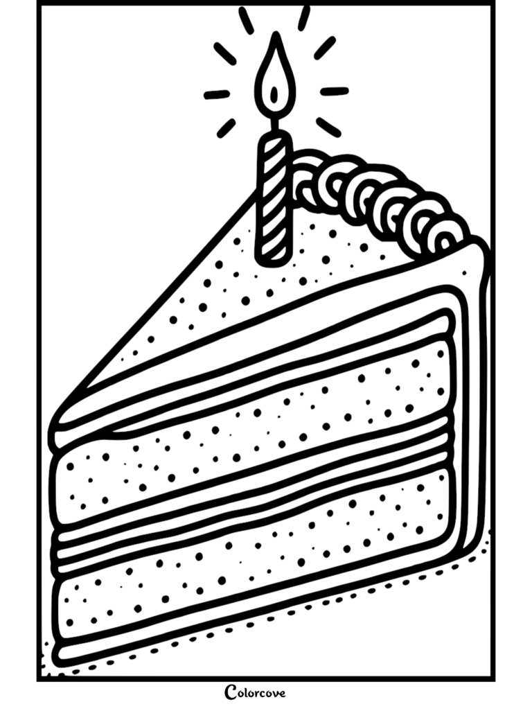 A slice of cake with a single lit birthday candle on top, presented as a simple black and white coloring page.