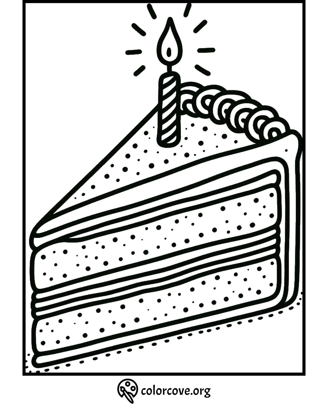 Coloring page of a slice of birthday cake with a candle on top. Free printable for kids. Visit colorcove.org for more.